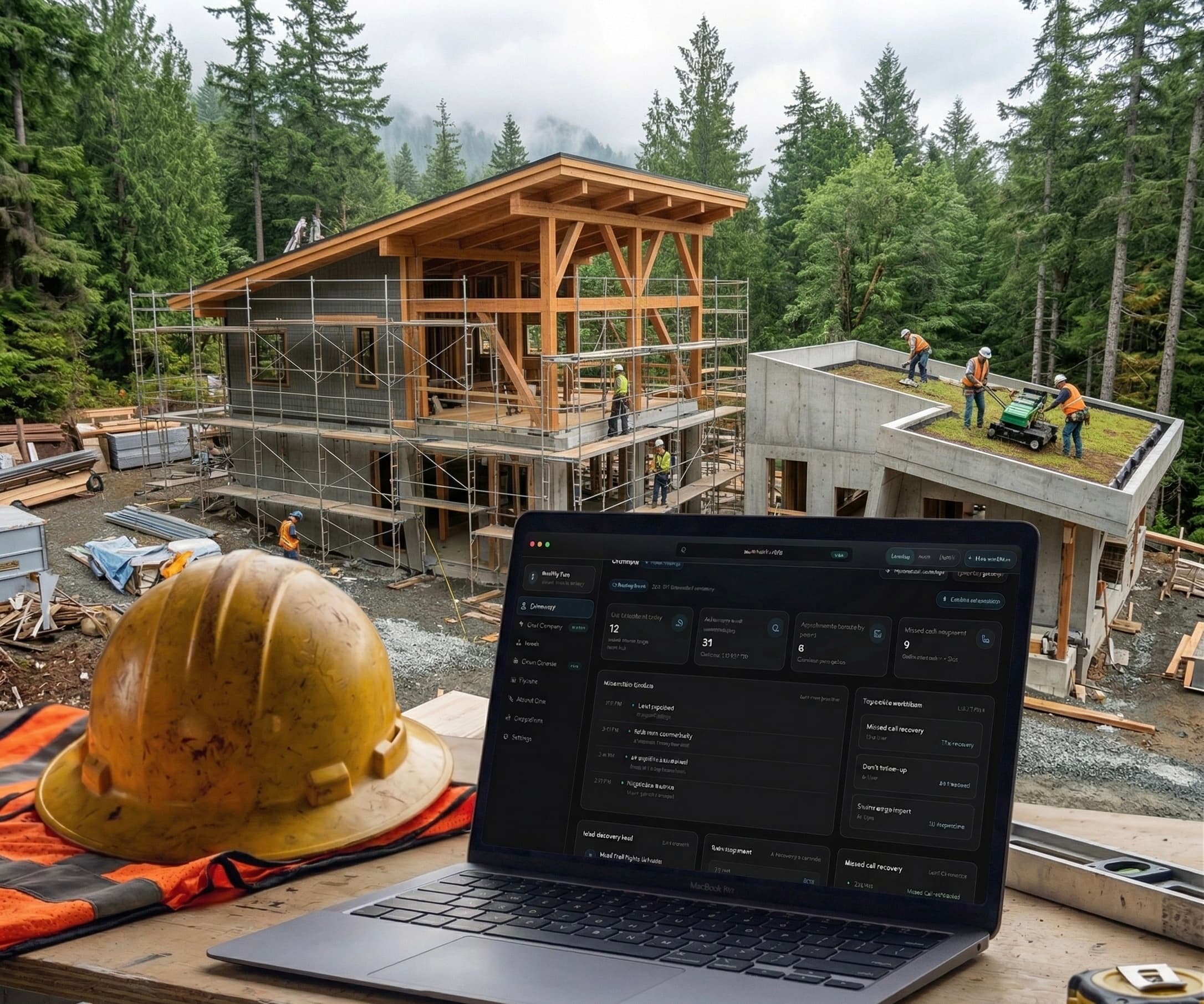 Contractor workspace with Clawir dashboard on laptop